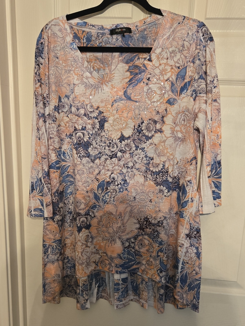 Style & Co. Peach and Blue Floral Long-Sleeve Tunic Dress XL